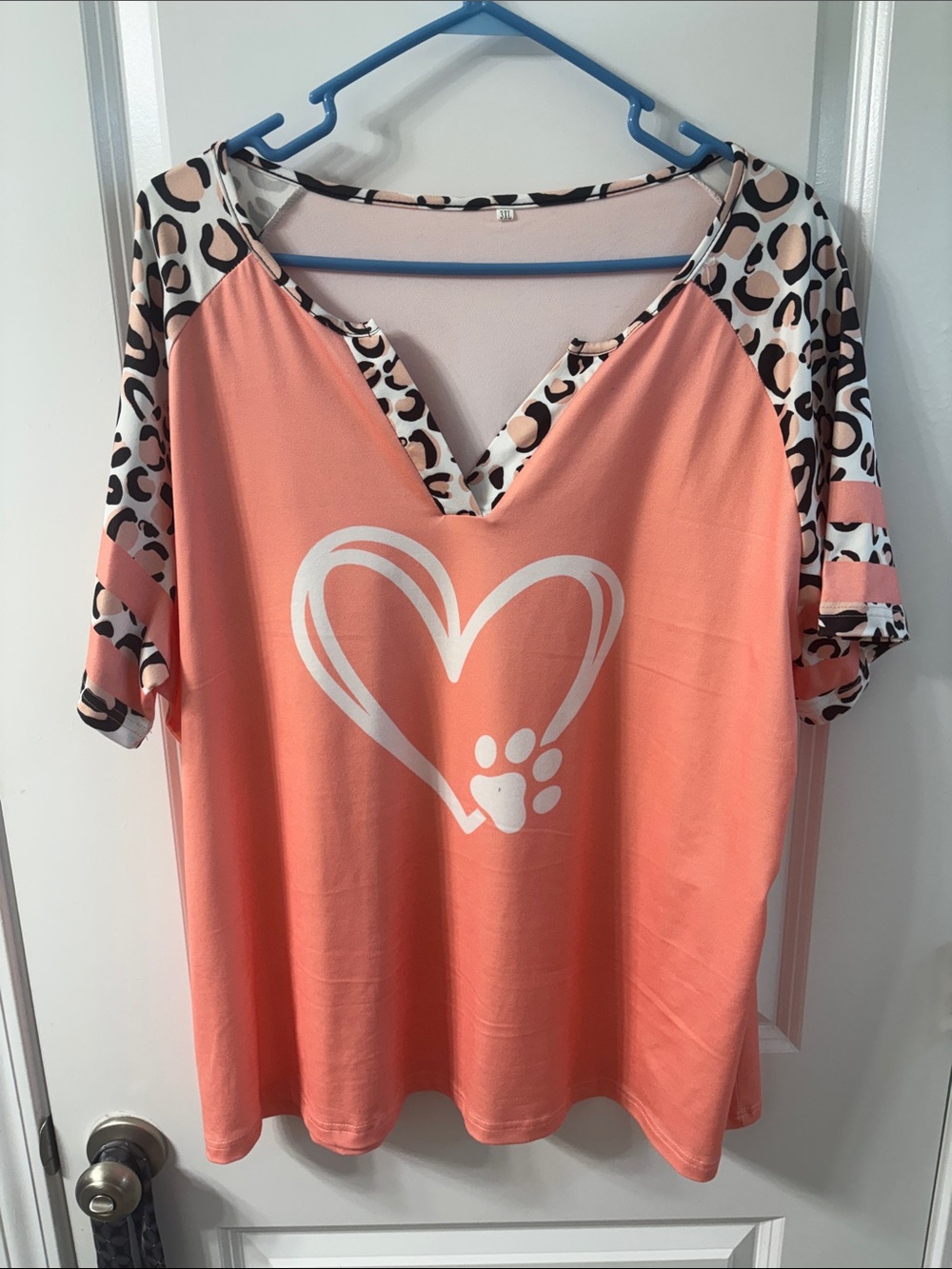 Coral Paw Heart V-Neck Top with Leopard Print Sleeves